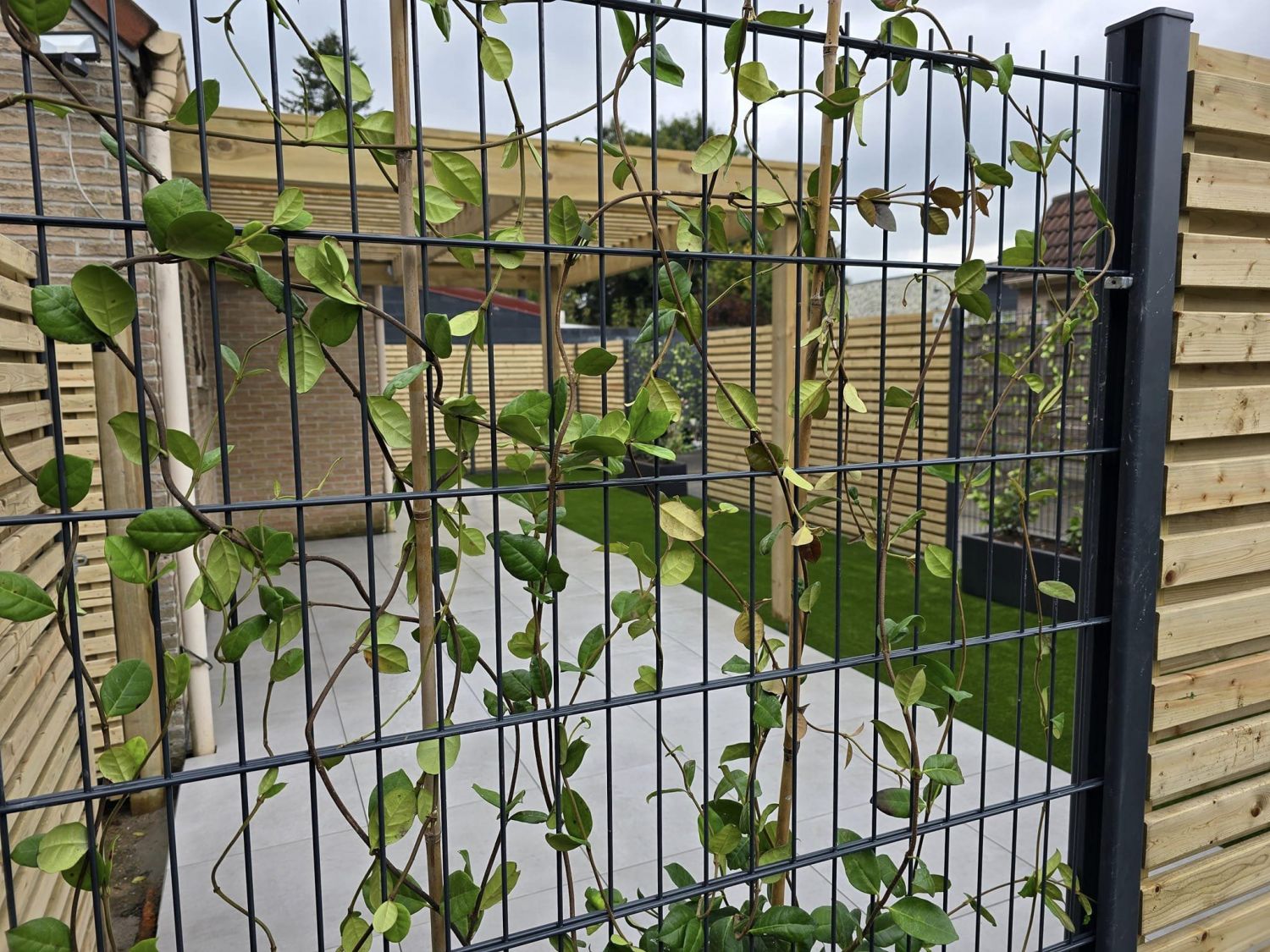 Terrasse, clôture, portillon, gazon synthétique, pergolas, jardinières 